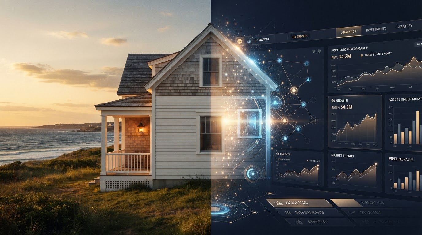 A weathered coastal house dissolving into a sleek digital business dashboard—the transition from physical real estate to digital assets