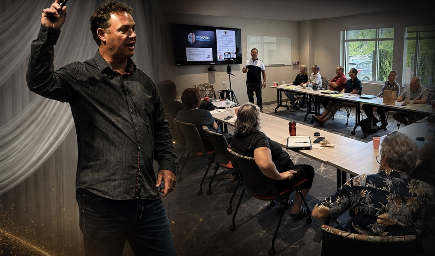 Darryl speaking and leading a high-level strategic workshop with entrepreneurs on business models and digital scaling