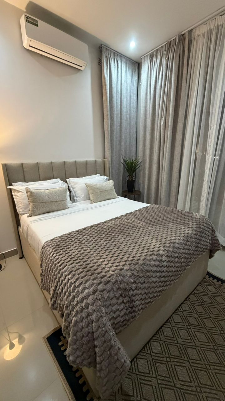 Furnished master bedroom with upholstered headboard, white linen, split AC and textured throw