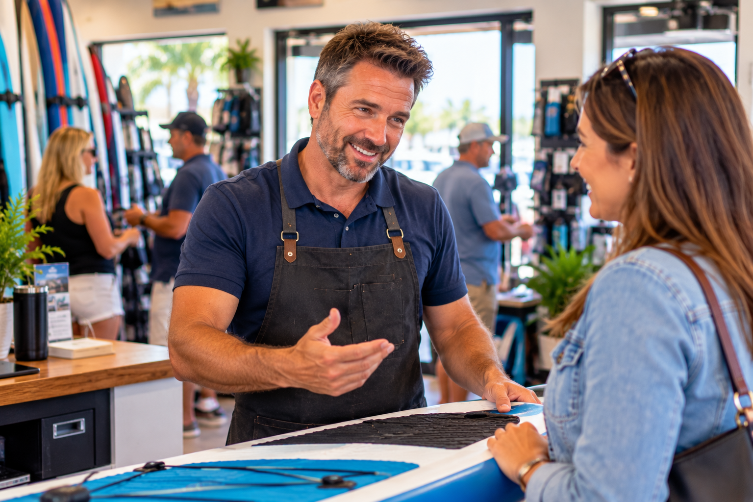 A relaxed, smiling small-business owner warmly talking with a customer over a paddleboard in an active shop, fully present in the moment