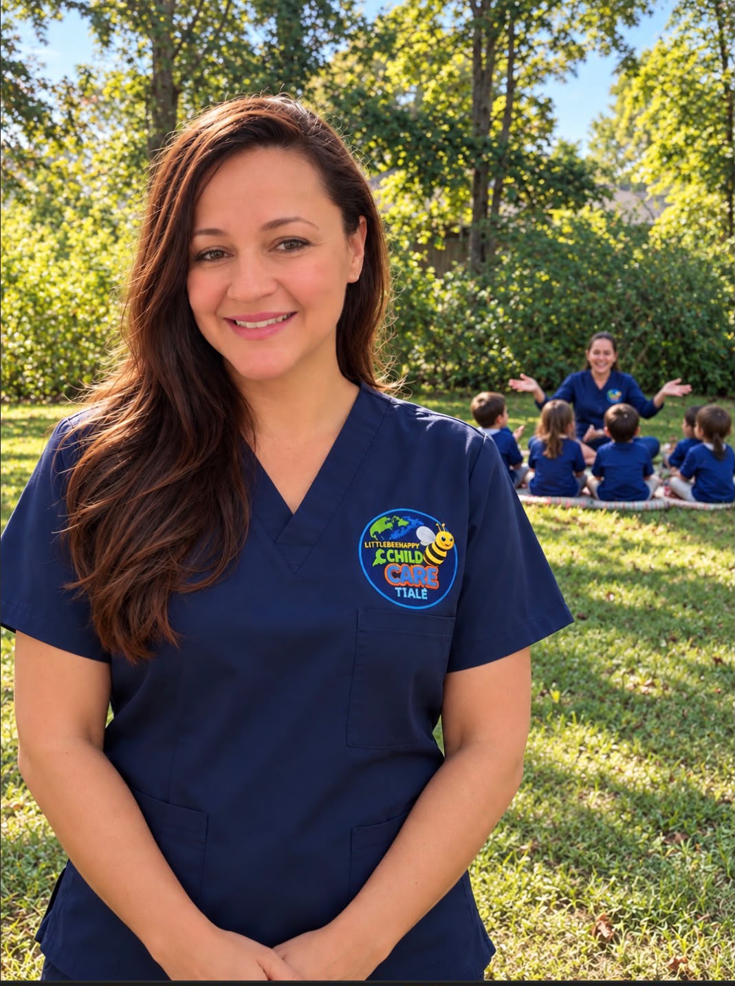Alexandra Braga, educator and pedagogue with LittleBeeHappy children outdoors in Hyannis MA