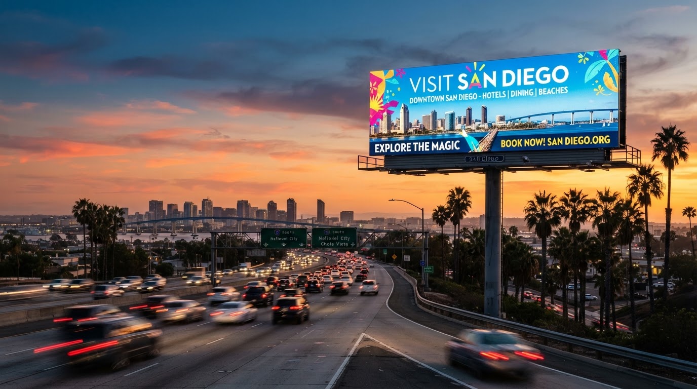 San Diego I-5 Freeway Billboard at Dusk