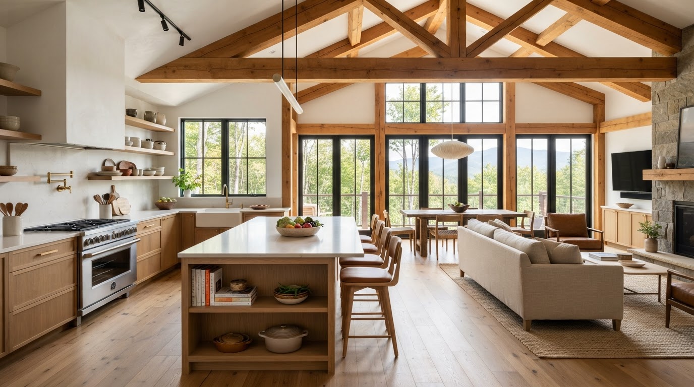Full kitchen and living room remodel with wood and stone finishes by Wood Group