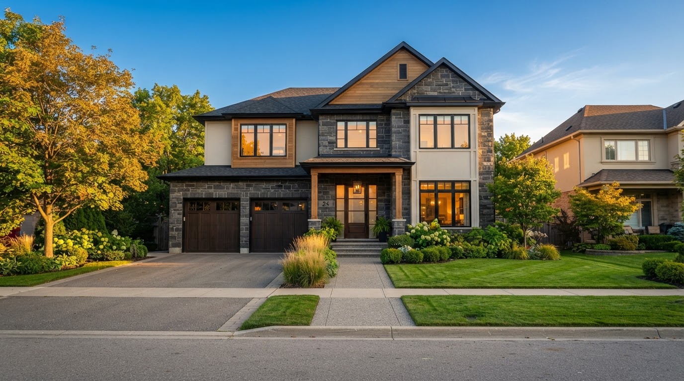 A welcoming two-story home in Whitby, Ontario at golden hour