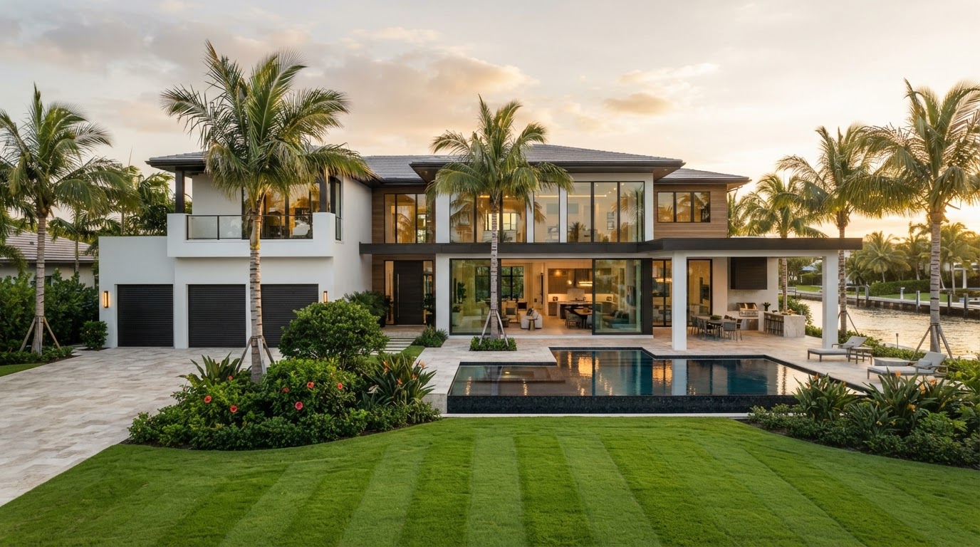 Luxury modern Southwest Florida home with a pristine lawn and tropical landscaping maintained by THERMI-PROPS
