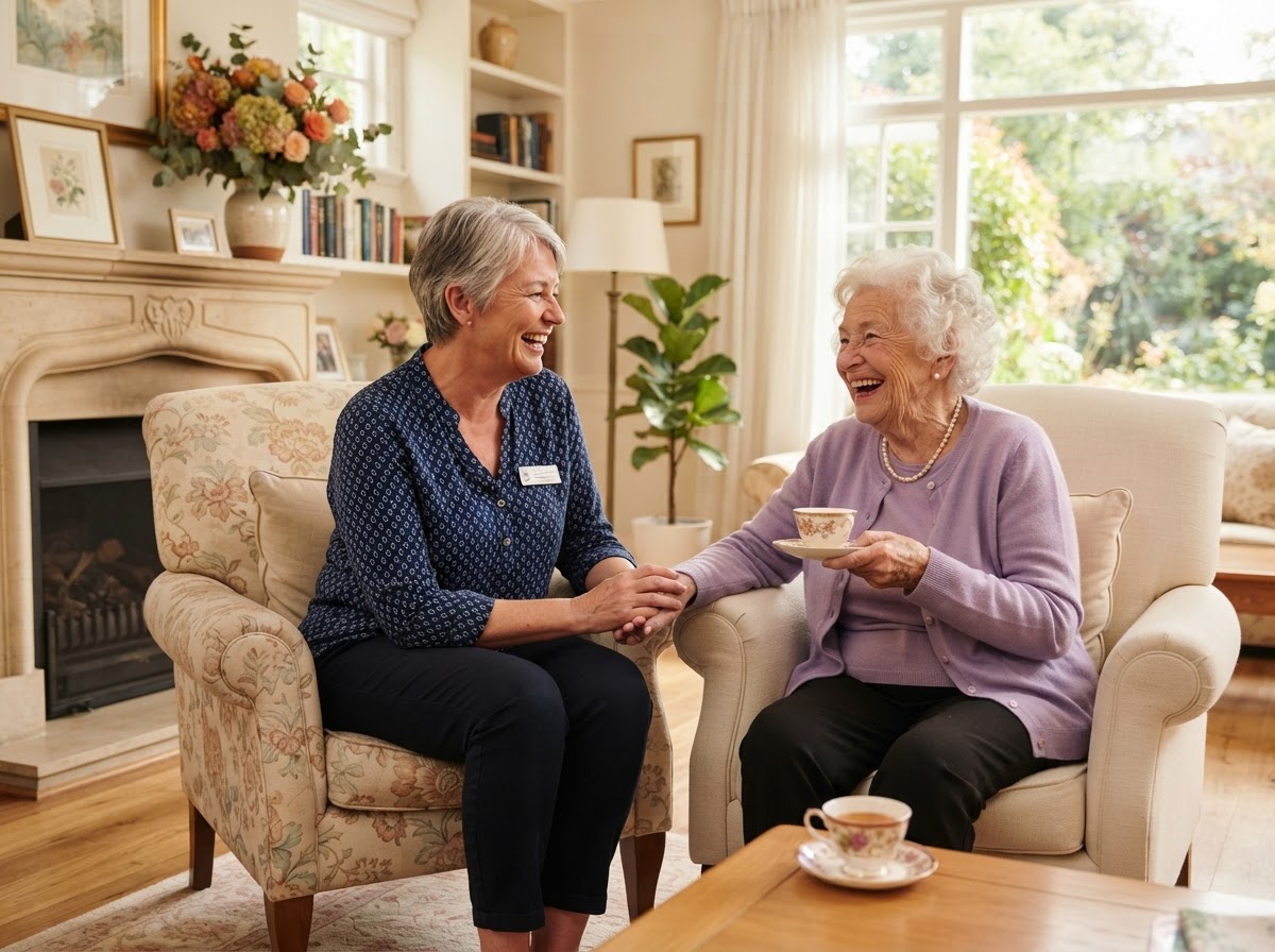 Compassionate senior caregiver and resident laughing together at Calla Castle