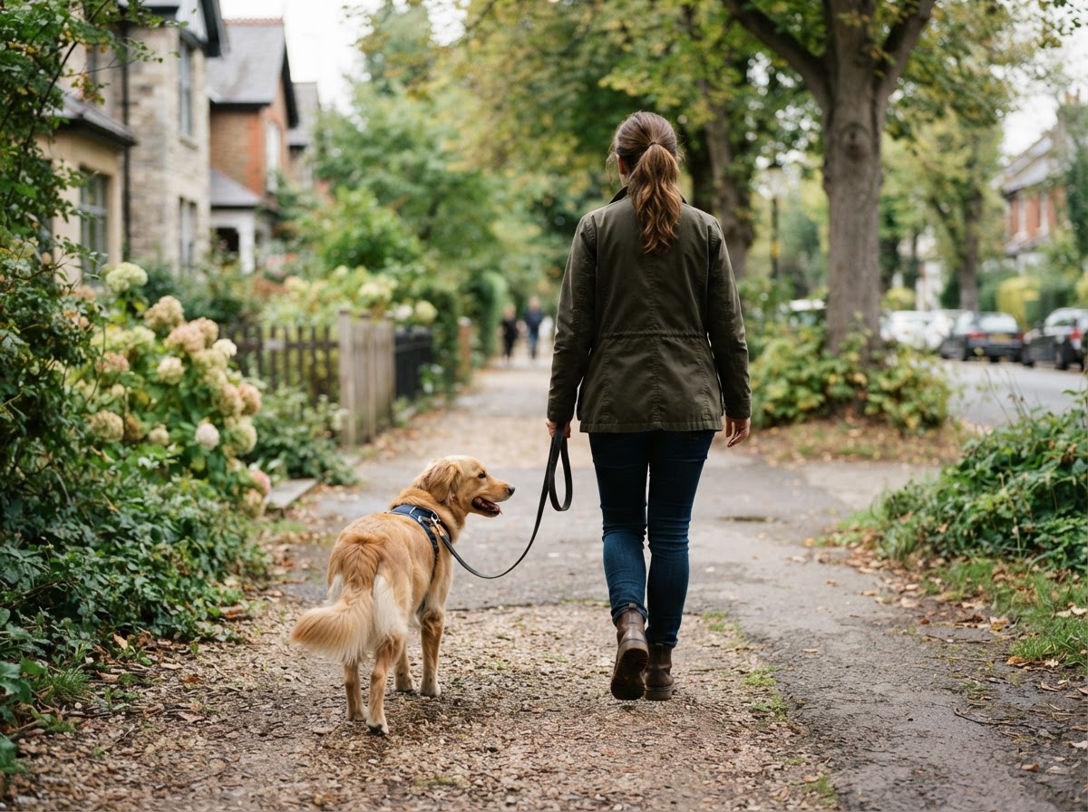 A dog walking calmly on a loose leash beside a caregiver on a quiet residential path