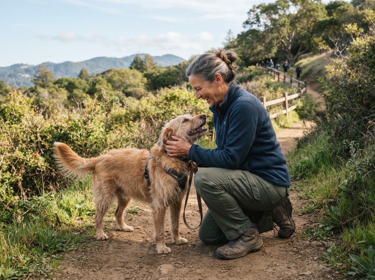 A caregiver interacting naturally with a dog outdoors