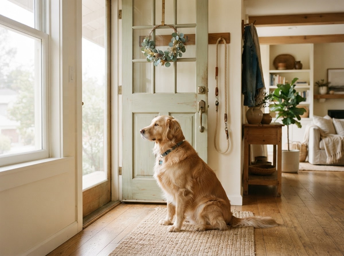 A dog sitting patiently by a front door with a leash hanging nearby