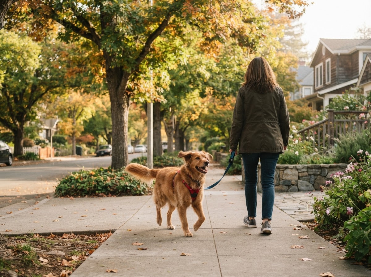 A happy dog being walked on a leash along a leafy Marin County residential street