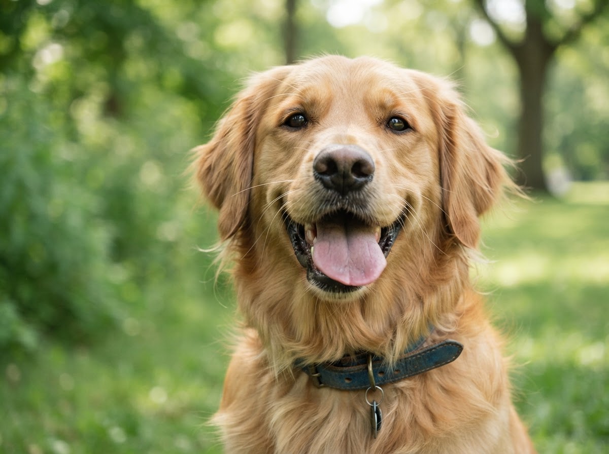 A playful close-up portrait of a happy dog in a natural setting