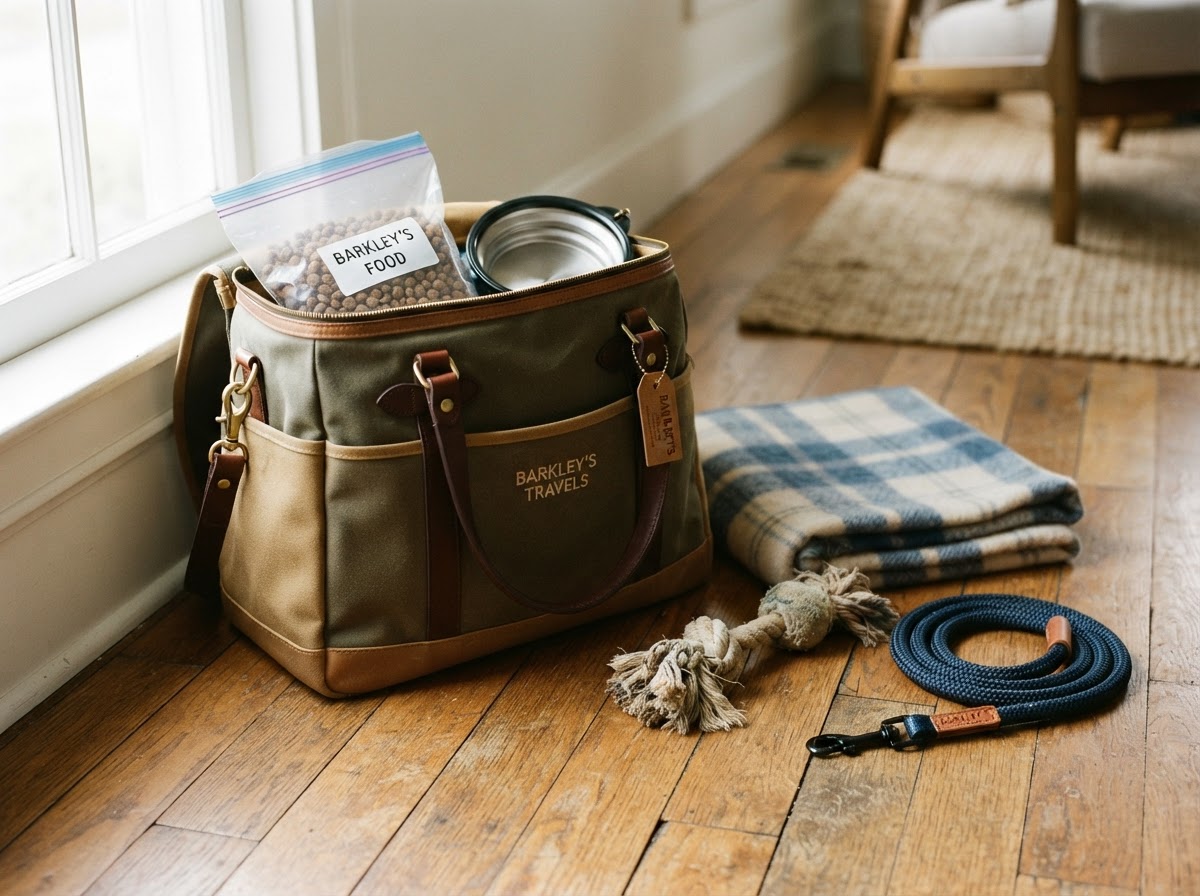 A packed travel bag with dog food, a toy, a blanket, and a leash on a wooden floor