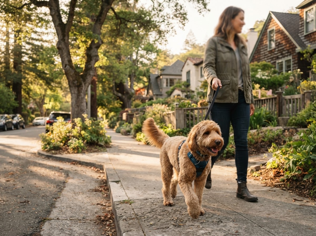 A happy dog out on a walk with a caregiver in Mill Valley