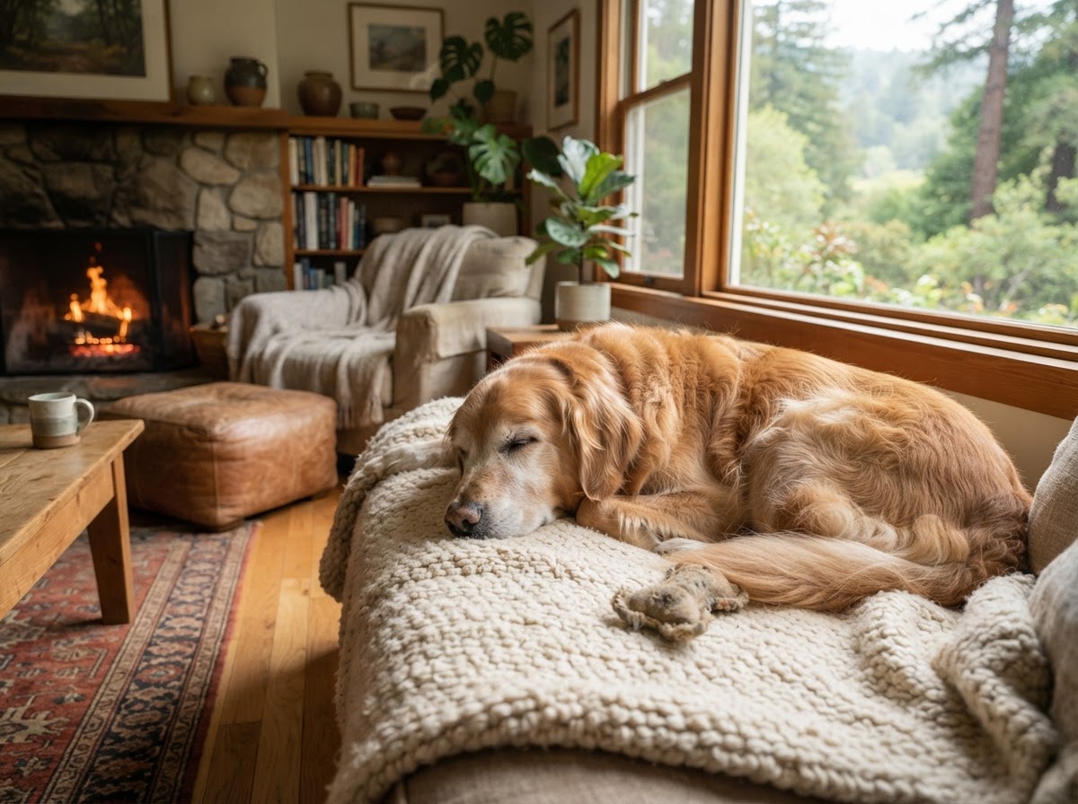 A dog resting peacefully on a cozy blanket in a welcoming home-like room