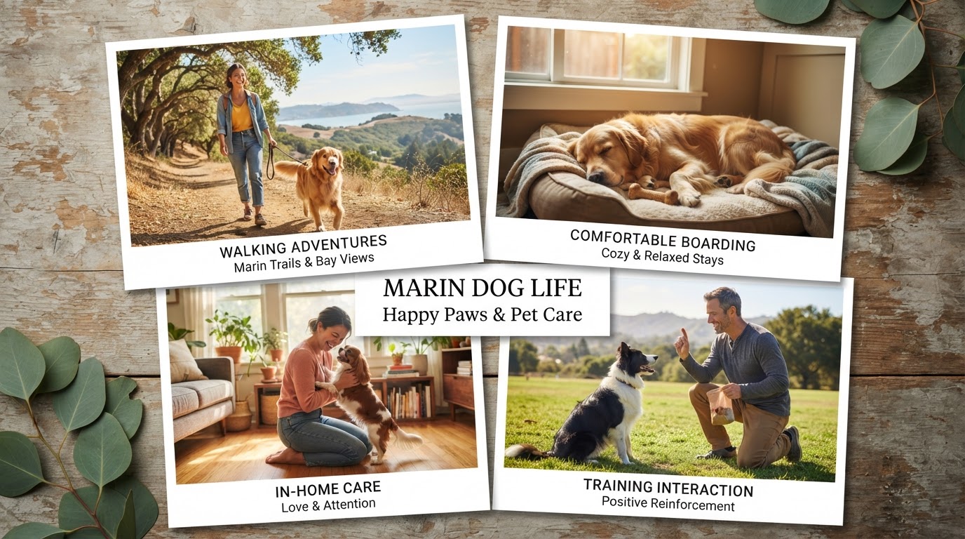 A collage of dog walking, at-home care, relaxed boarding, and training moments