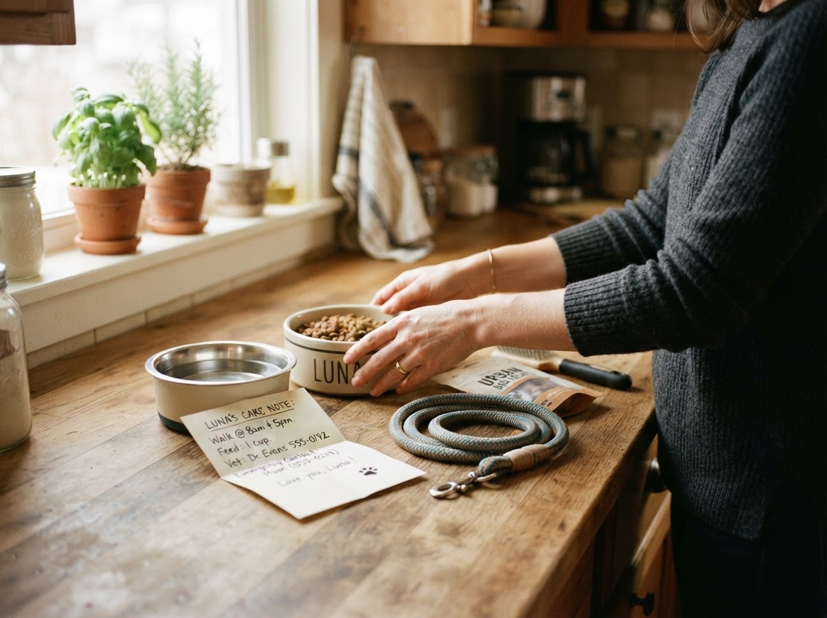 Pet food bowls, a leash, and a written care note arranged on a kitchen counter