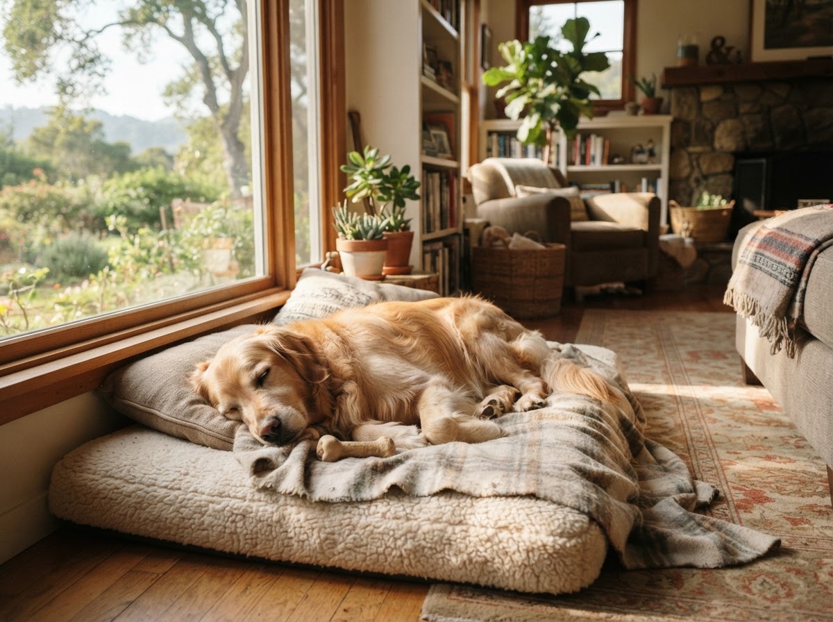 A dog resting comfortably at home in soft natural light before a walker's visit
