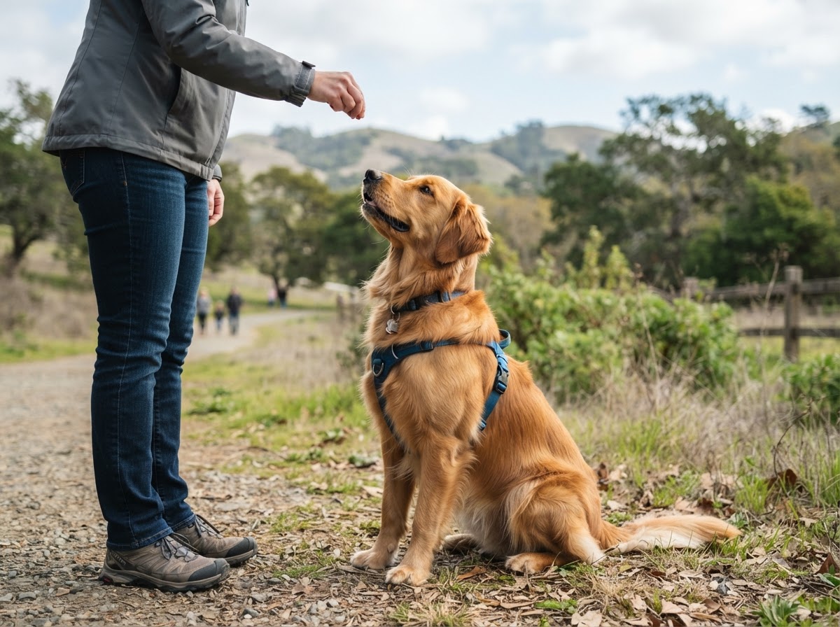 A dog sitting attentively looking up at a caregiver outdoors in a park
