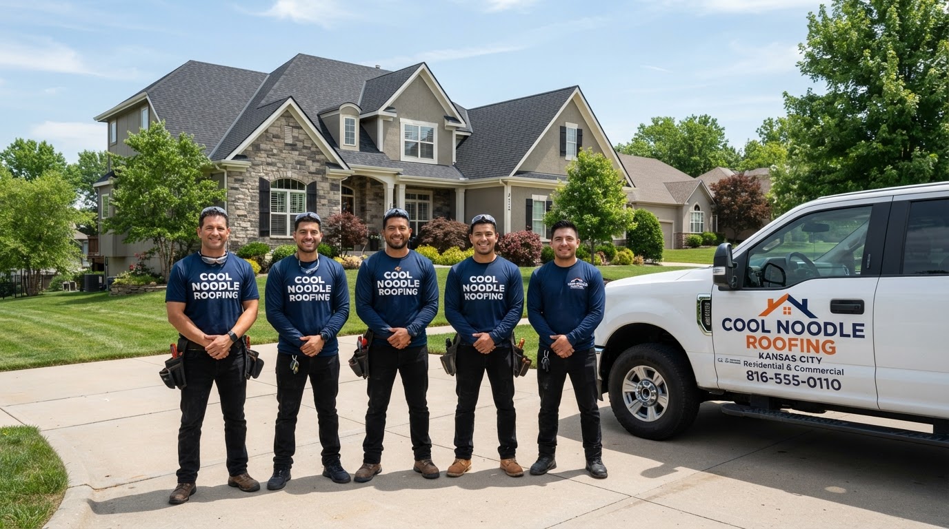 Cool Noodle Roofing contractors standing in front of a finished Kansas City home