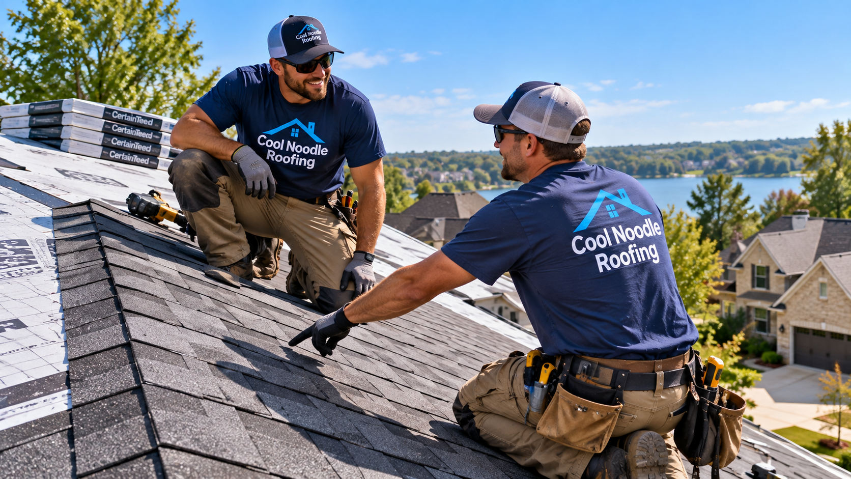 Cool Noodle Roofing crew working on a residential roof in the Kansas City metro area