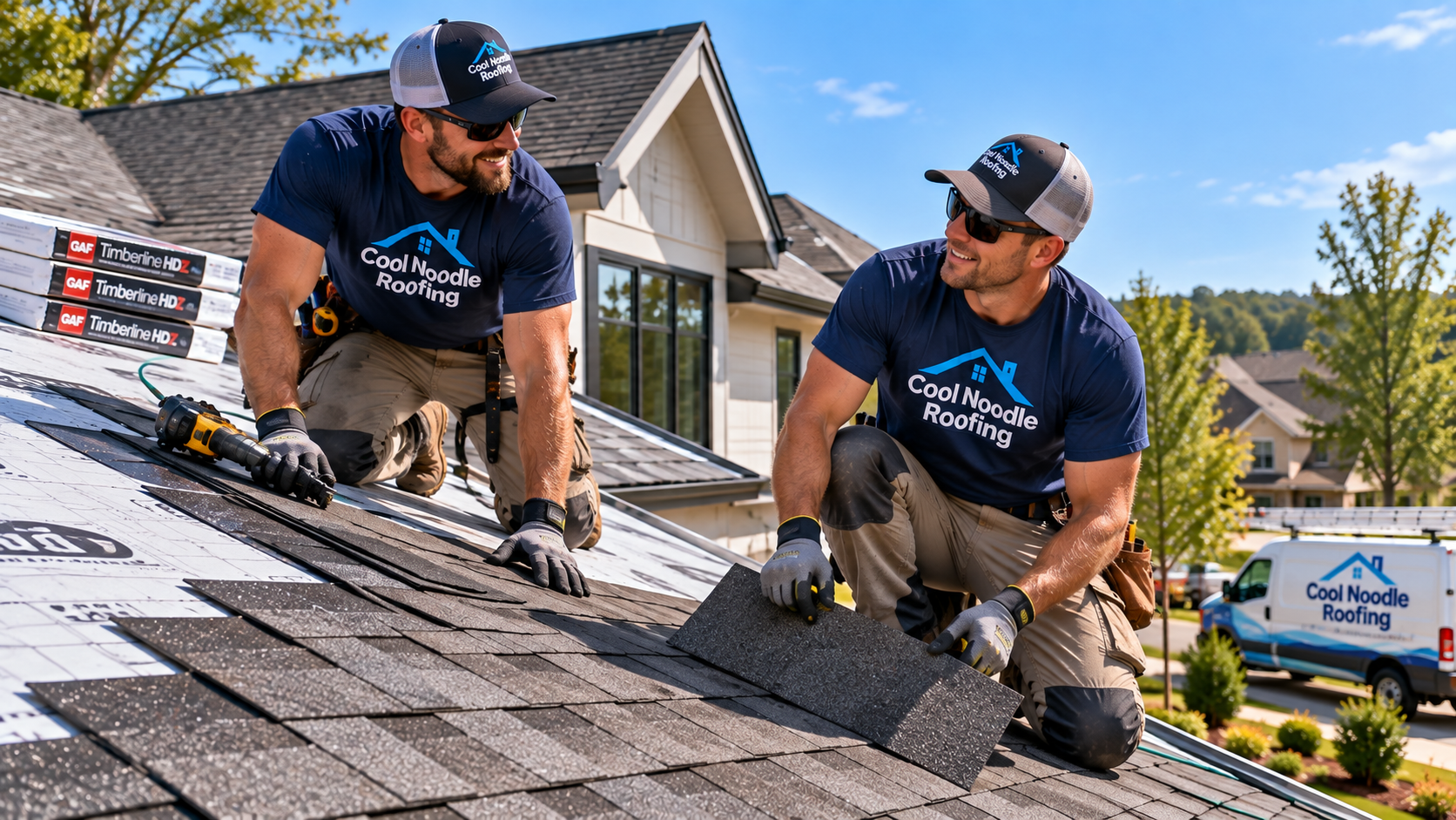Cool Noodle Roofing crew installing GAF Timberline shingles on a Kansas City home