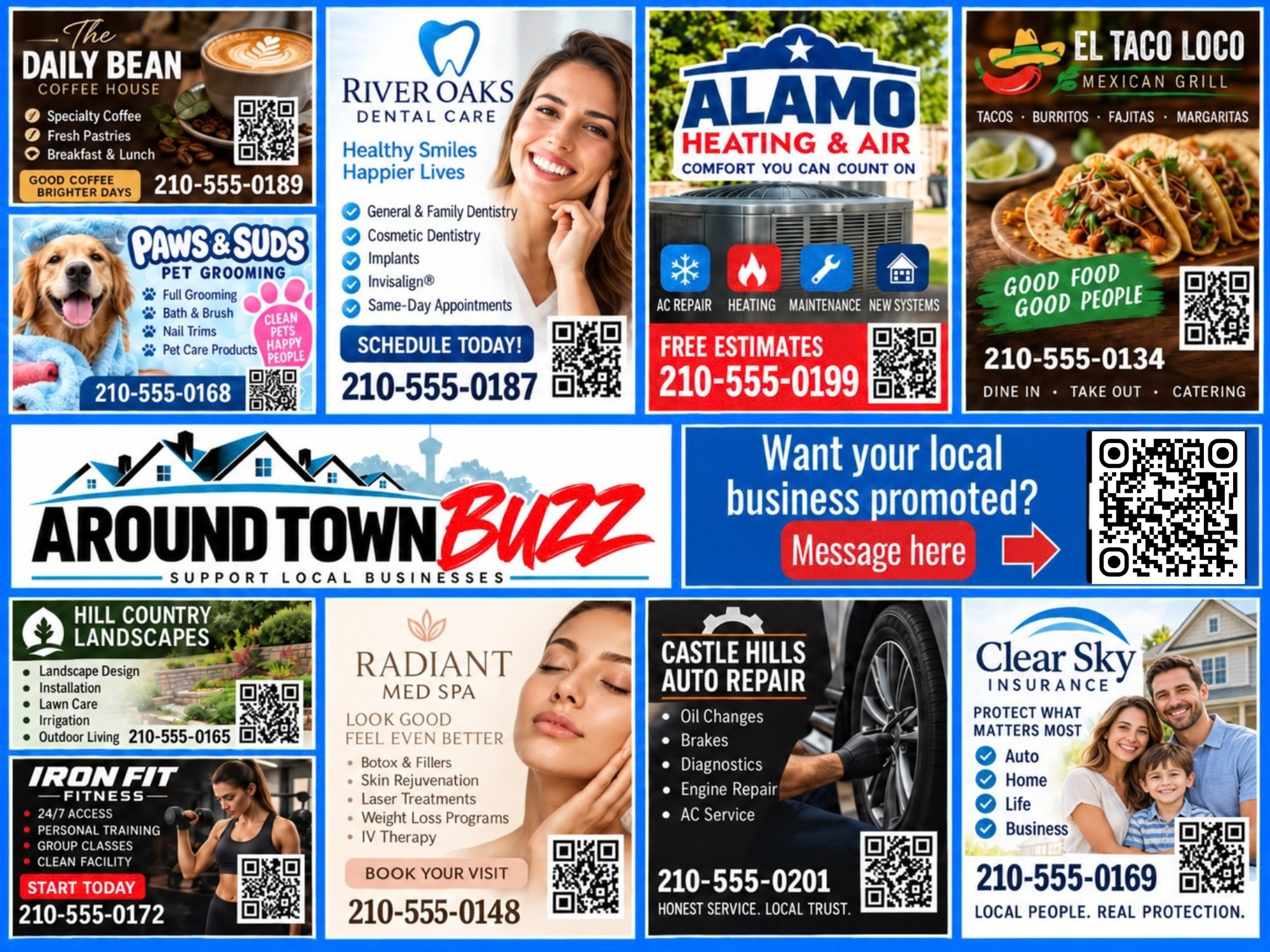 Around Town Buzz printed postcard front featuring local businesses