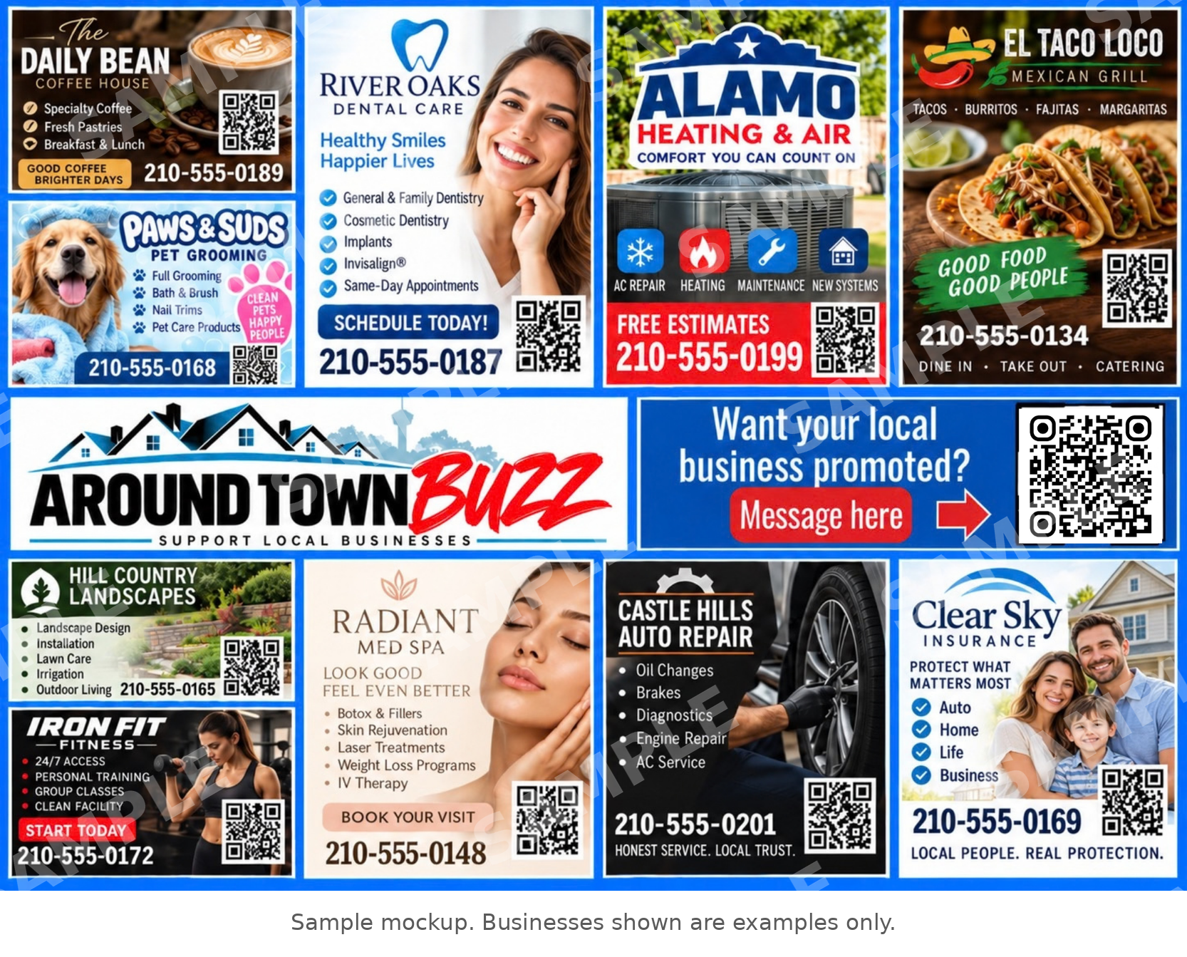 Around Town Buzz printed postcard front featuring local businesses