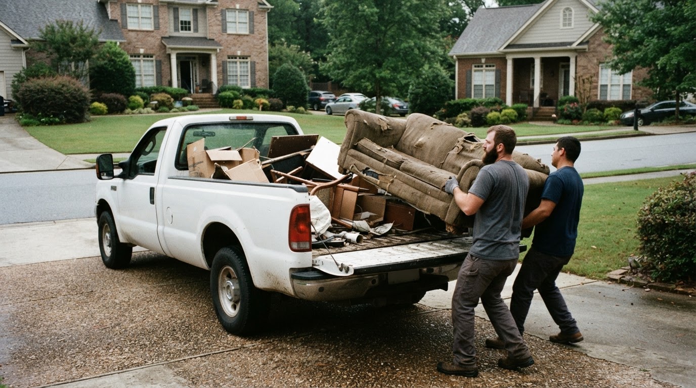 Tomahawk Junk Removal crew truck loading junk in Marietta Georgia