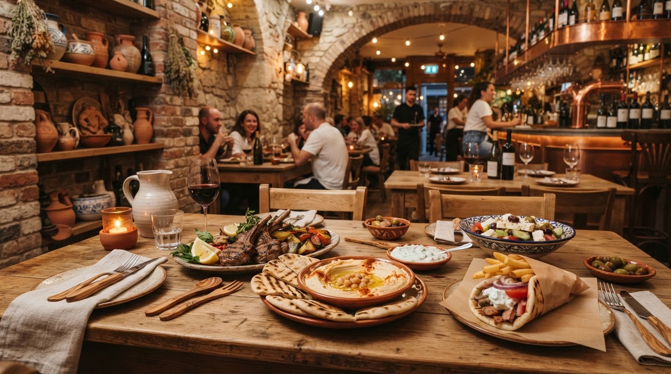 Warm Mediterranean restaurant interior with authentic Greek dishes