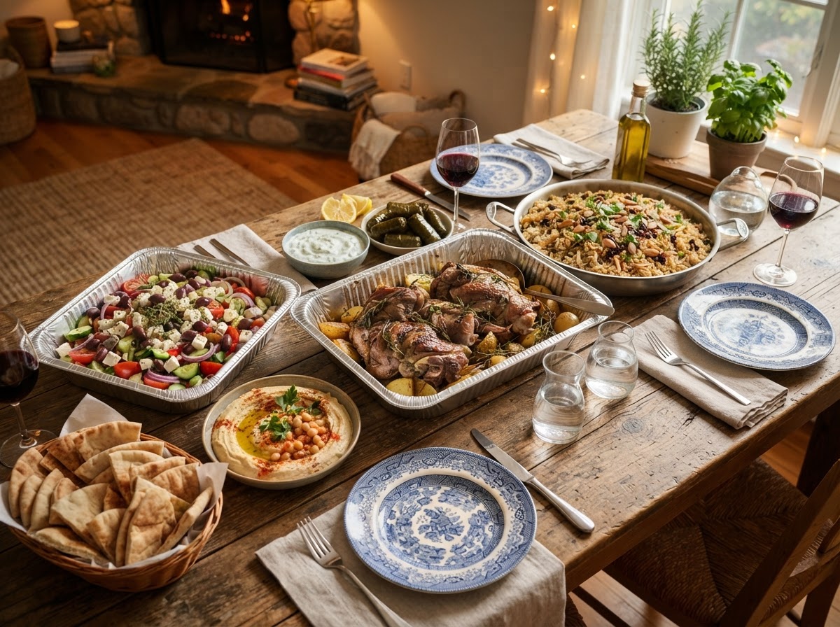 Family meal takeout party pans of Mediterranean food