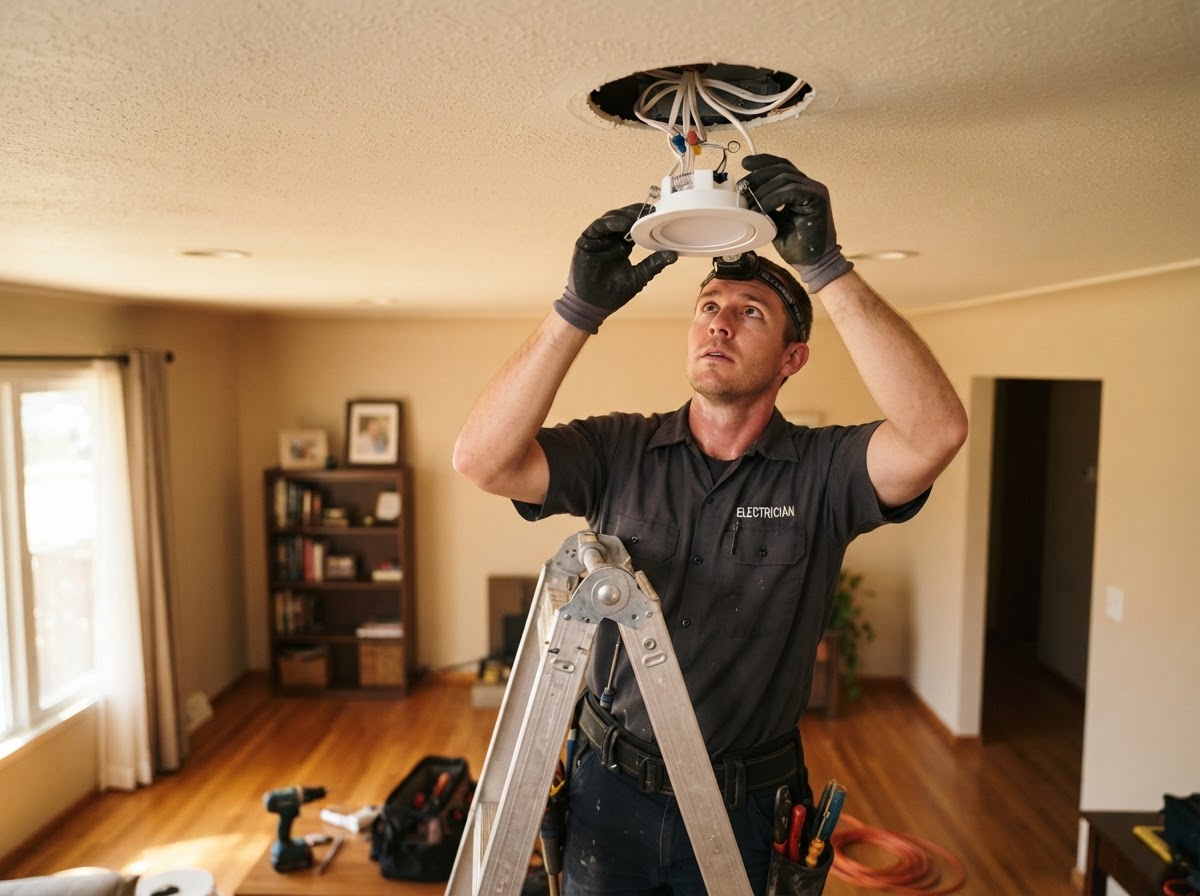 Electrician installing recessed ceiling lighting