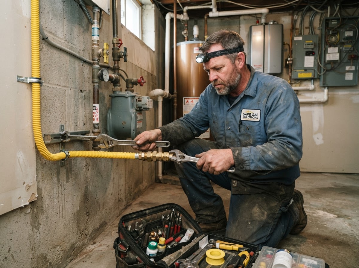 Tradesman installing a gas line in a utility room