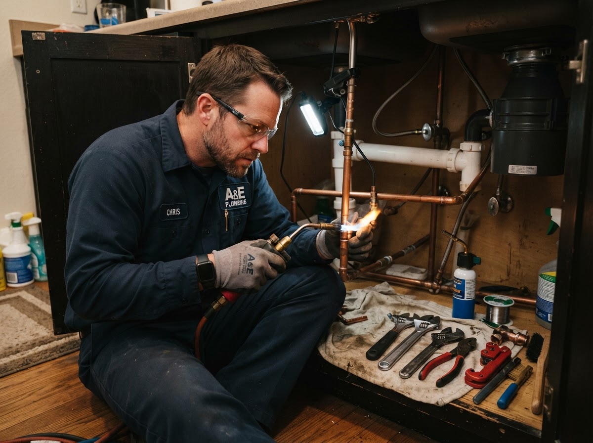 Plumber repairing copper pipes under a kitchen sink