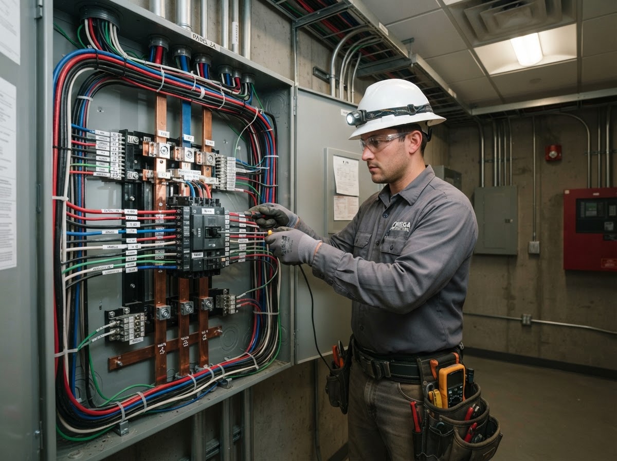 Commercial electrician working on a three-phase panel