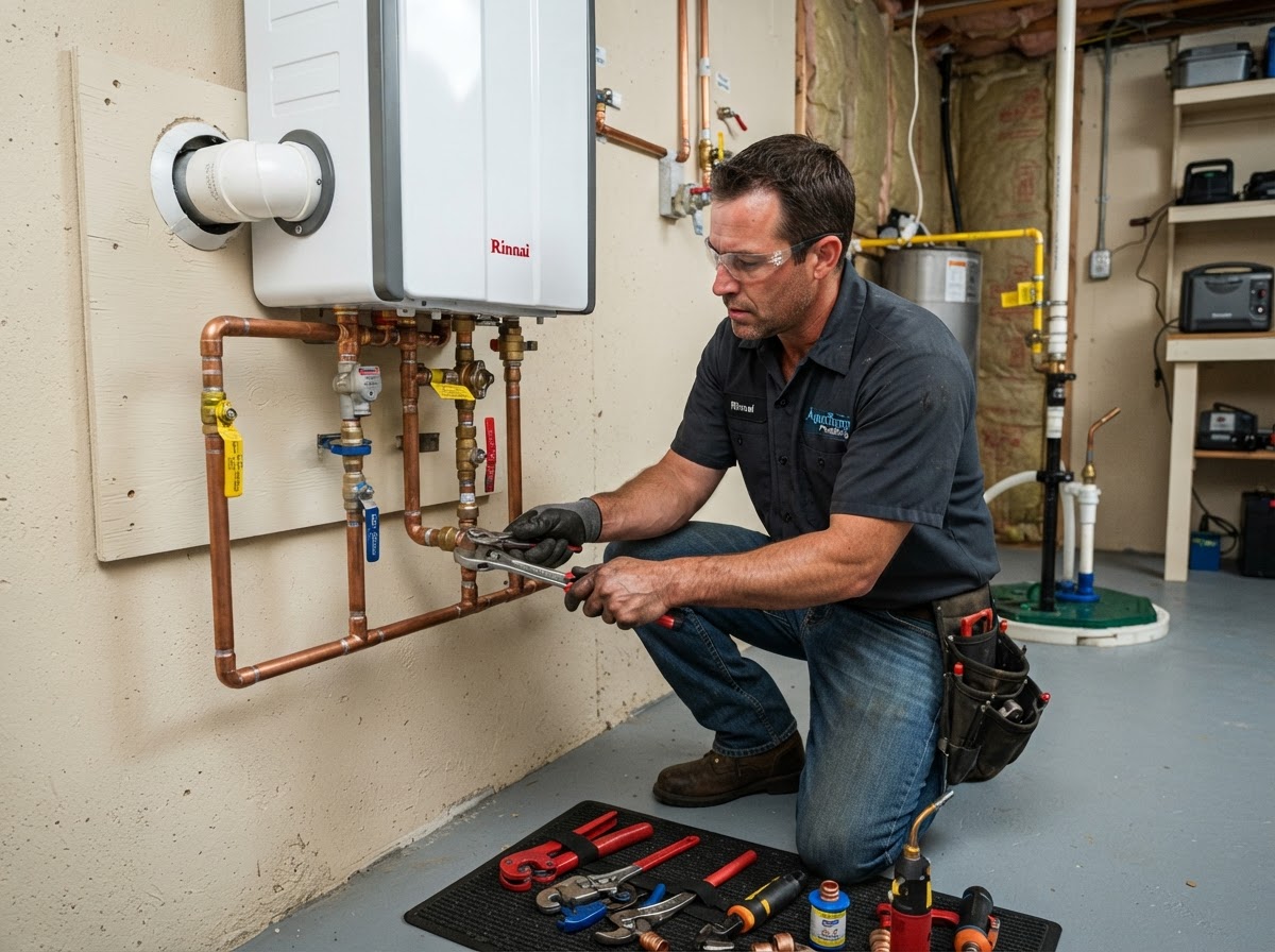Plumber installing a tankless water heater