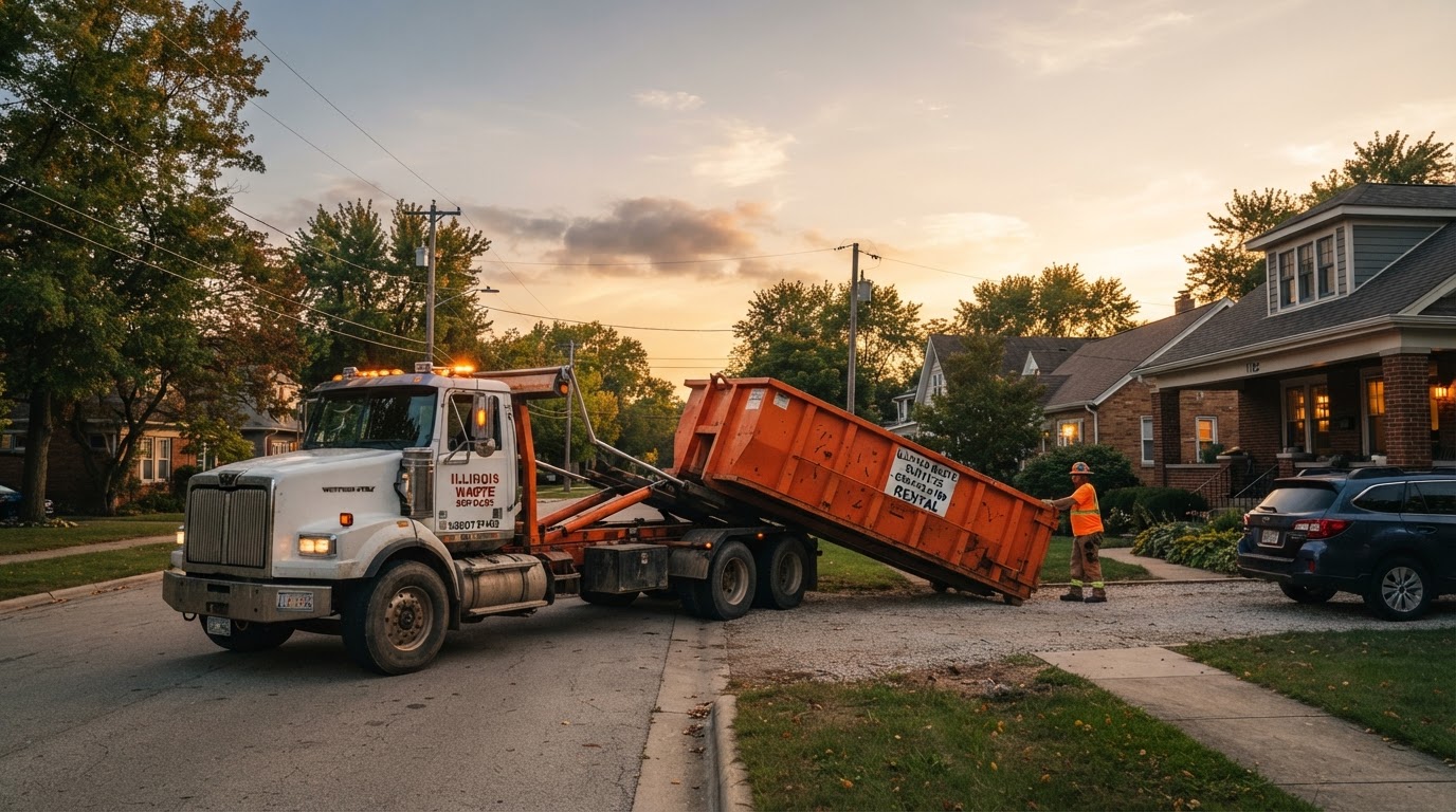 Roll off dumpster rental delivery truck dropping an orange dumpster at a Northern Illinois home