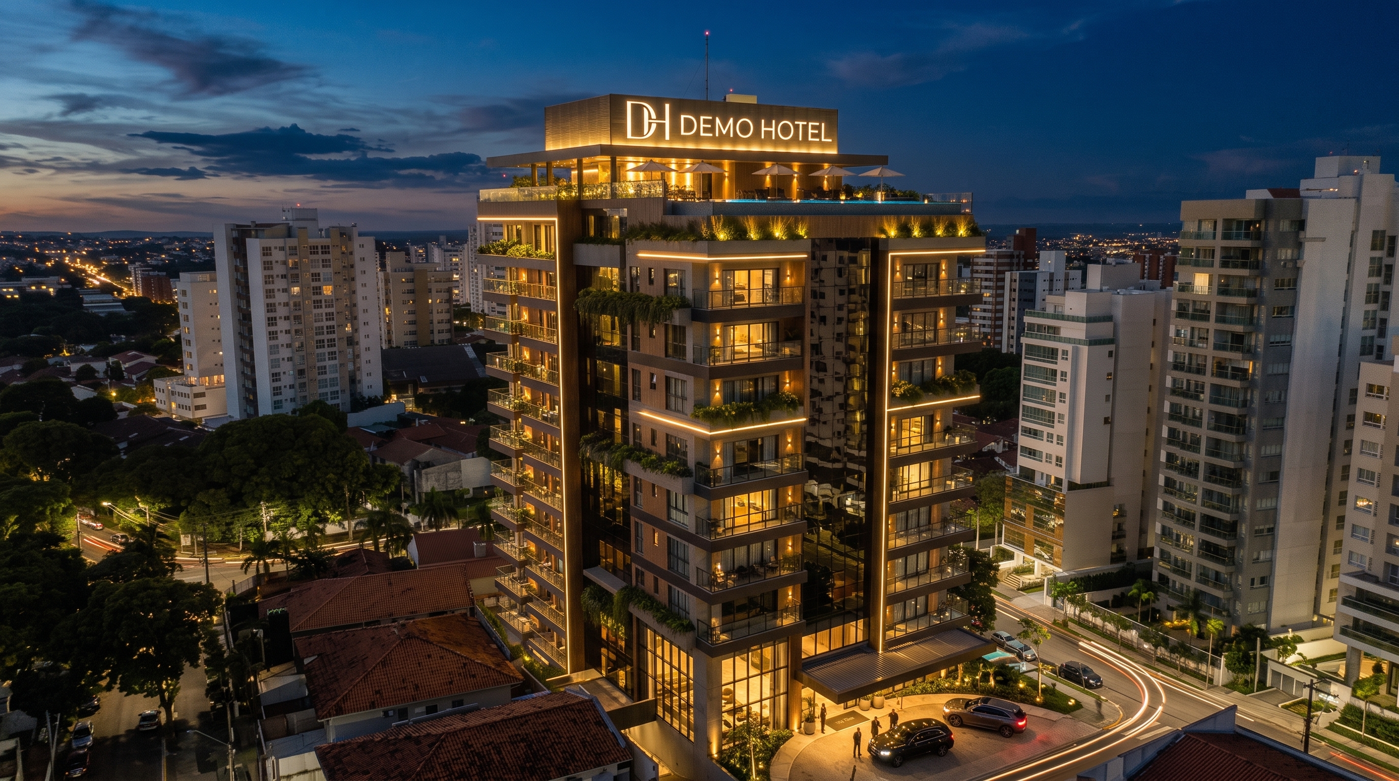 Fachada del edificio de Demo Hotel iluminado al atardecer en Santa Cruz de la Sierra