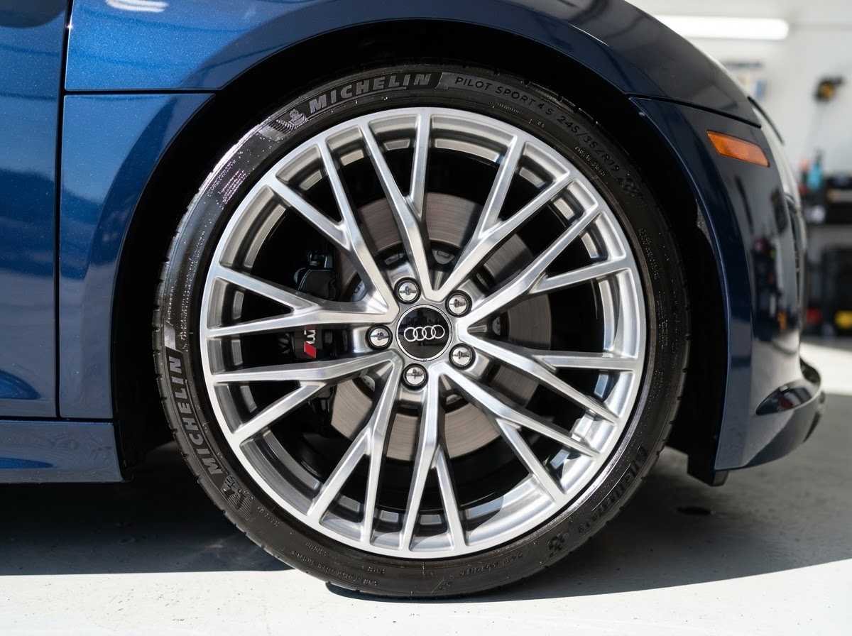 Polished car wheel and tire with glossy dressing