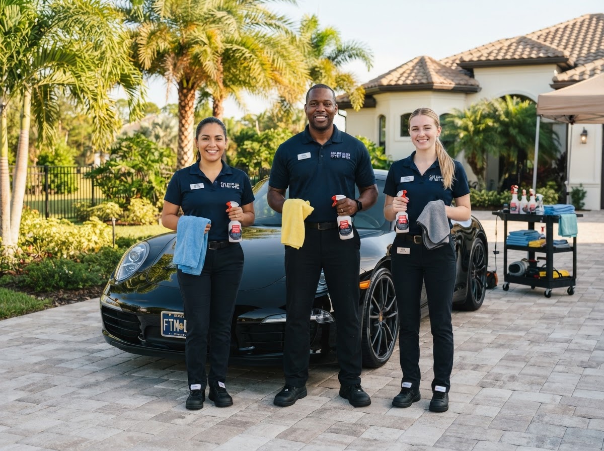 The Car Detailing of Fort Myers team of happy professional detailers in branded uniforms with a freshly detailed car