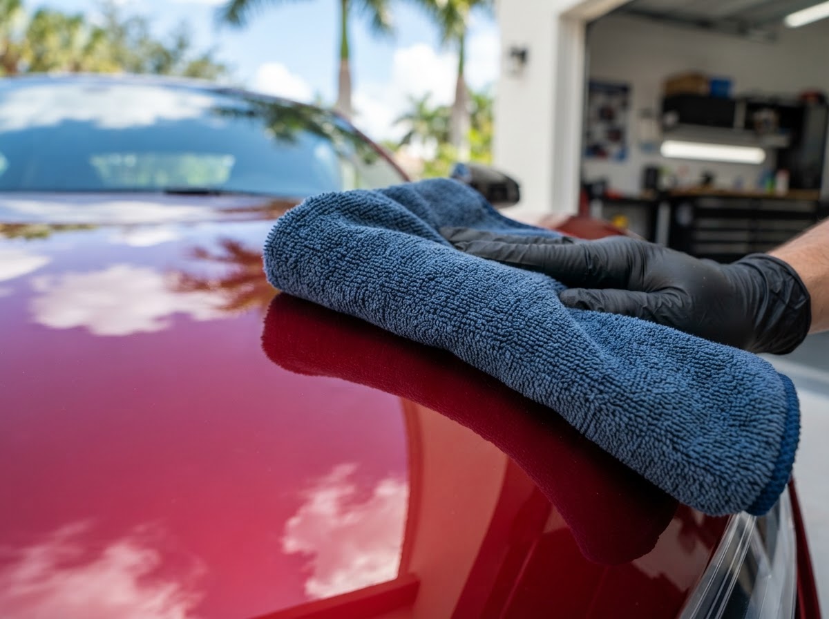 Hand-wiping glossy car paint with a microfiber cloth in Fort Myers