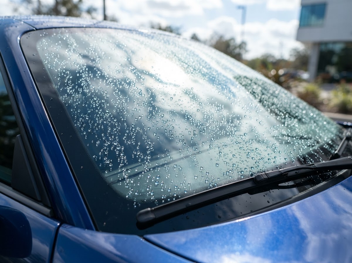 Crystal-clear windshield with water beading after a detail