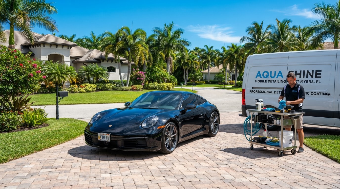 Mobile auto detailing setup at a Fort Myers home