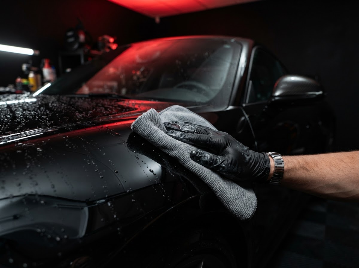 Detailer hand-polishing glossy black car paint