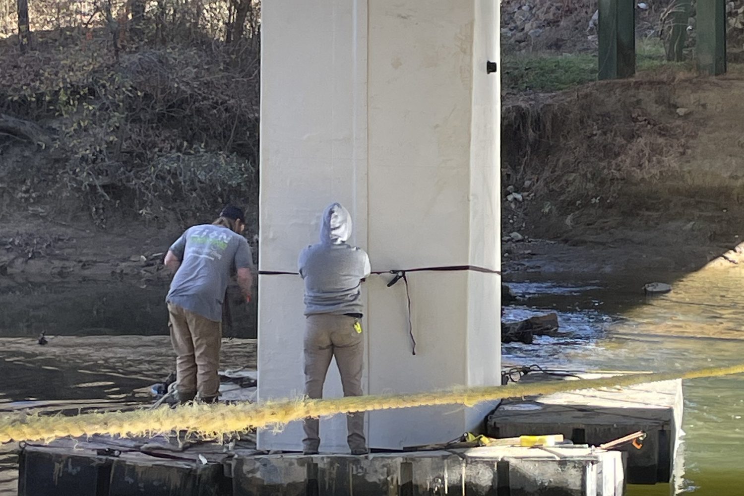 Pile jacket installation on a bridge pier.