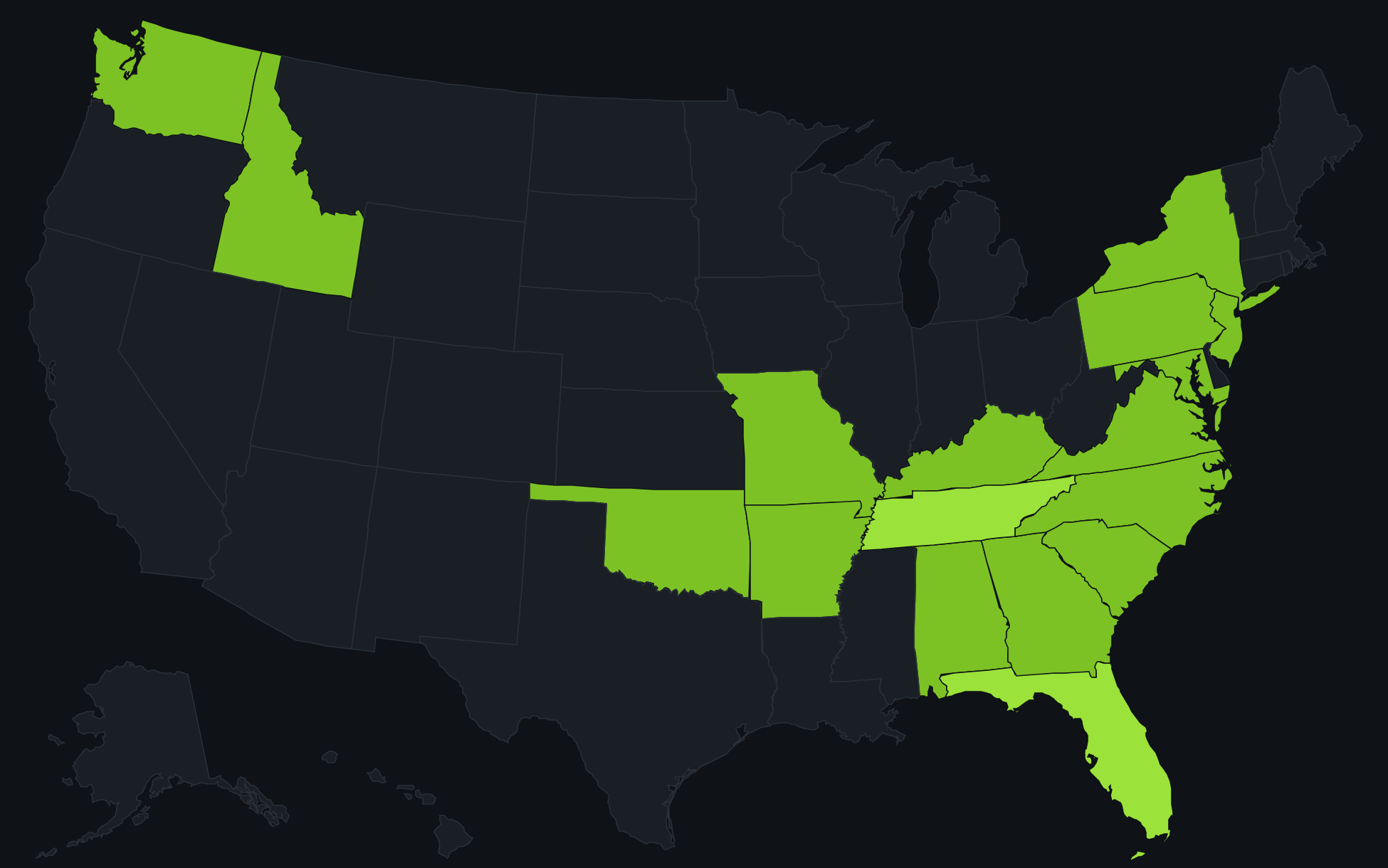 Map of the United States showing the 17 states where Zion Marine has worked or holds a contractor license