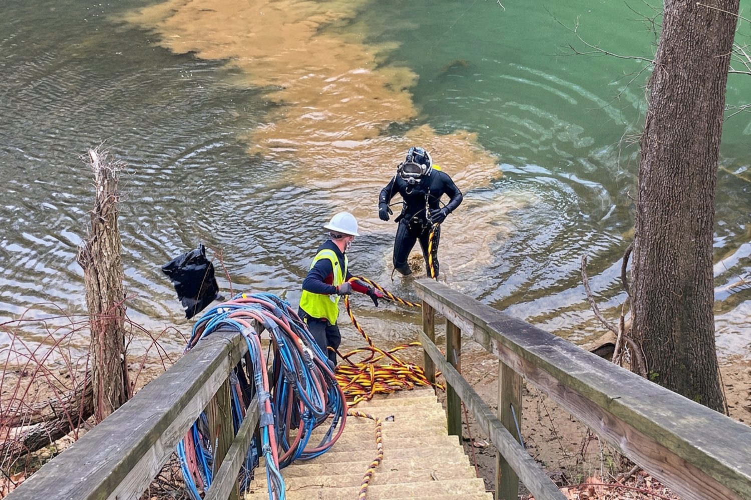 Dive crew and diver at a river intake.