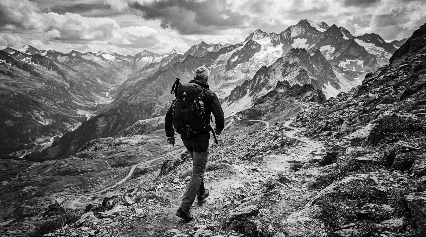 An executive hiking powerfully up a mountain trail