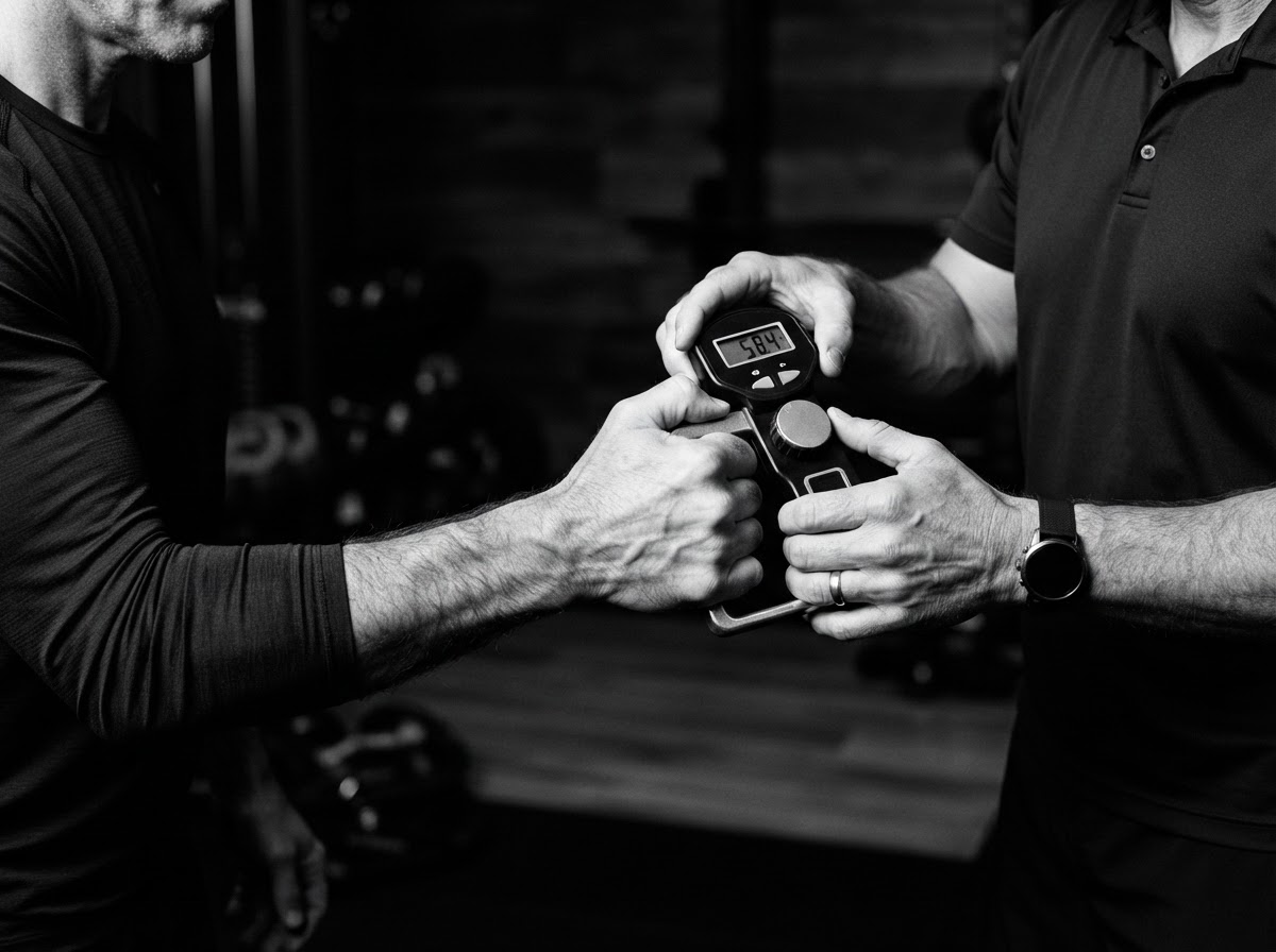 A coach recording a grip strength assessment with an executive client