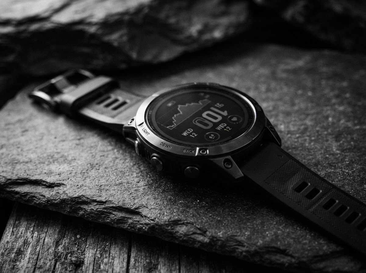 A premium rugged sports wearable in a restrained monochromatic composition