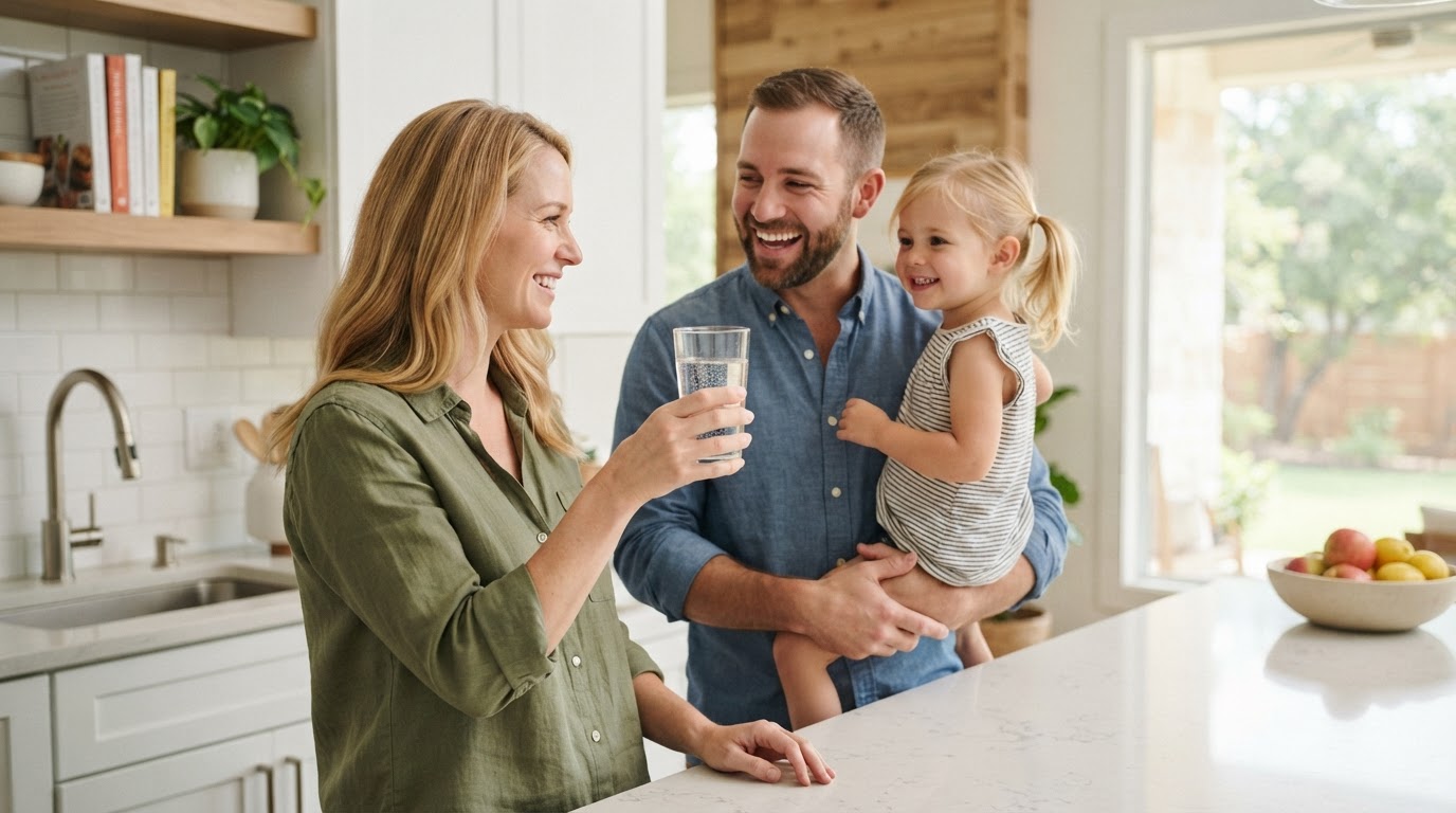 A Texas family holding a glass of clean, filtered water in their kitchen
